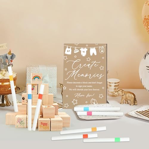 97 Pcs Baby Shower Games Sign Kit,Including Decorate a Block Game Sign 72 DIY Blank Wooden Block 24 Pen to Draw Your Idea for Baby Shower Game Gender Reveal Party - Image 5