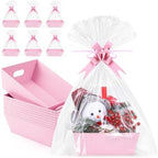 10PACK Pink Baskets For Gifts Empty, 10 x 8” Thick Paper Basket with 10 Clear Bags and 10 Pink Bows, Empty Gift Baskets for Baby Shower Valentine Bridal Birthday Party Wrapping Gift by AFOROEOA