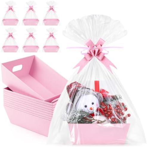 10PACK Pink Baskets For Gifts Empty, 10 x 8” Thick Paper Basket with 10 Clear Bags and 10 Pink Bows, Empty Gift Baskets for Baby Shower Valentine Bridal Birthday Party Wrapping Gift by AFOROEOA