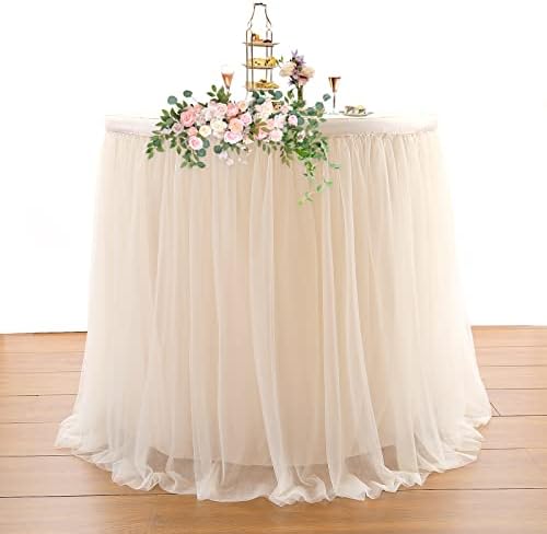Suppromo 2 Pack 6ft Champagne Tulle Table Skirts for Birthday Party Wedding Reception Champagne Tutu Table Cloths for Parties Baby Shower Dessert Cake Table Decor - Image 2