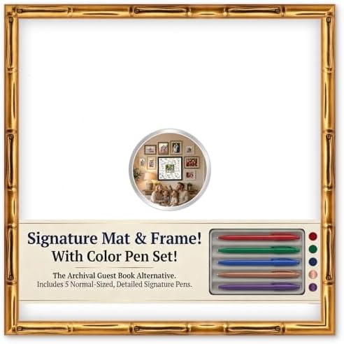 CountryArtHouse Signature Keepsake Frame - Circle Mat Window - Gold Bamboo Genuine Hardwood 20x20 5x5 Photo - Metallic Silver Border Mat - Complete Keepsake Signing Kit by CountryArtHouse