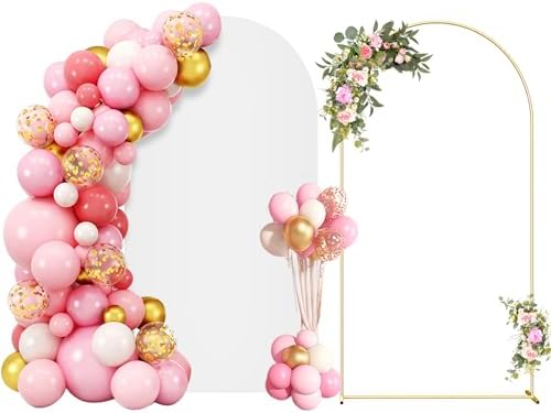 7.2FT Metal Arch Backdrop Stand and Cover Set, Gold Wedding Backdrop Arch Stand with Cover, Balloon Arch Stand with White Arch Cover for Birthday Party Baby Shower Graduation Ceremony Decorations by Hzdeying
