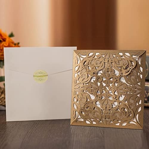 Hosmsua 50PCS Personalized Gold Wedding Invitation Pocket, 6.3x6.3 Laser Cut Flora Wedding Invitation Pockets with Envelopes for Wedding Quinceanera Sweet 16 Invite - Image 4