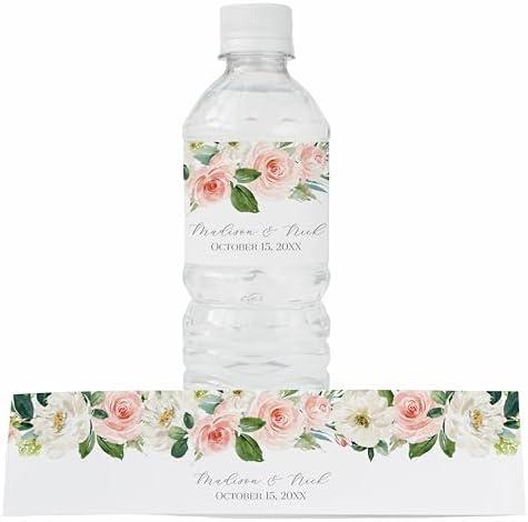 Personalized Water Bottle Labels with Choice of 30 Flower Styles - Choose Font and Pre-Made Phrases or Design Custom Text - LABELS ONLY (016 Pink and White Flowers, 2 inch (8.5x2")) by ThePaperedWedding
