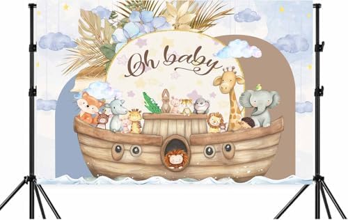 10X8ft Noah's Ark Baby Shower Photo Backdrop Photography Background, Oh Baby Boho Cartoon Animal Woodland Ocean Newborn Kid Party Backdrops Photo Booth Prop Decorations Wall Decor Tablecloth - Image 4