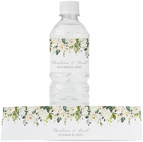 Personalized Water Bottle Labels with Choice of 30 Flower Styles - Choose Font and Pre-Made Phrases or Design Custom Text - LABELS ONLY (010 White Flowers, 2 inch (8.5x2")) by ThePaperedWedding