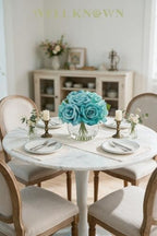 WELL KNOWN Artificial Rose Flowers with Glass Vase, Teal Blue Flower Decor - Image 5