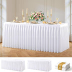 White Polyester Table Cloths for Rectangle 6 Foot Tables, 2 Pack Wrinkle Free Tablecloths Stretchy Banquet Ruffle Fitted Table Cover Desk Skirt for Parties Wedding Birthday Baby Shower by Unknown