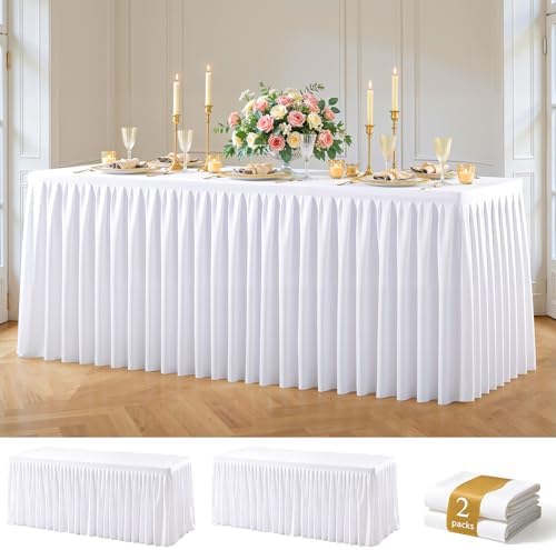 White Polyester Table Cloths for Rectangle 8 Foot Tables, 2 Pack Wrinkle Free Tablecloths Stretchy Banquet Ruffle Fitted Table Cover Desk Skirt for Parties Wedding Birthday Baby Shower by Unknown
