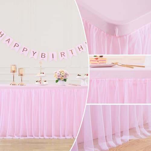 2 Pack Pink Tablecloths for 6 Foot Rectangle Tables Tulle Tablecloth Fitted Pink Table Cloth Rectangle 6ft Stretch Spandex Table Covers for Baby Shower Girls Birthday Party Banquet Desk Tables Skirt - Image 5