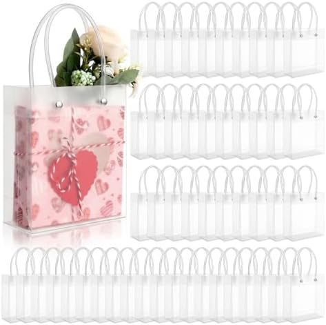 Qilery 50 Pack Small Clear Plastic Frosted Gift Bags with Handles by Qilery