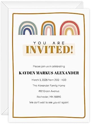 Canopy Street Personalized Modern Rainbow Invitations / 25 Custom All Occasion Invites With White Envelopes / 5" x 7" Flat DIY Boho Rainbow Birthday Baby Shower Party Invite/Made In The USA by CanopyStreet