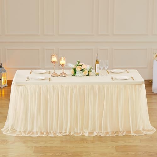 Suppromo 8ft Champagne Tulle Tablecloths for Rectangle Tables 8 Foot Stretch Rectangular Table Cloths Wrinkle Free Table Cover with Tutu Skirt for Wedding Birthday Party Banquet Buffet Cake Event - Image 2
