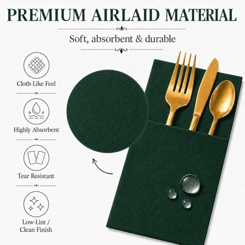 100Pcs Green Napkins Disposable Linen Feel Dinner Paper Napkins with Built-in Flatware Pocket, 16in x 16in Airlaid Paper Pre-Folded Napkin for Silverware Baby Shower Easter Wedding Birthday Party - Image 5