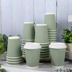 Whaline 100 Pcs Sage Green Disposable Coffee Cups with Lids 12 Oz Solid Green Paper Cups Corrugated Ripple Wall Insulated Hot Cup for Home Office Party Supplies - Image 4