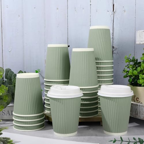 Whaline 100 Pcs Sage Green Disposable Coffee Cups with Lids 12 Oz Solid Green Paper Cups Corrugated Ripple Wall Insulated Hot Cup for Home Office Party Supplies - Image 4