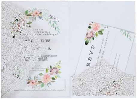 20Pcs Laser Cut Pocket Wedding Invitation Covers, 4.9×7 Inch Trifold Lace Floral Invitation Sleeves with Envelopes (White, 50 Pcs Blank) by Unknown