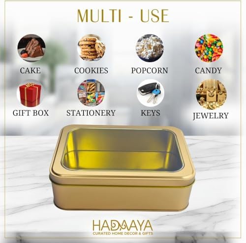 Pack of 2 Gold Rectangular Cookie Tins Container With Clear Lid, Multipurpose Tin Box, Festive Tin Box for Gift Giving, Cookies, Stationery & More - 7.25 x 5.25 x 2.25 Inches - Image 5
