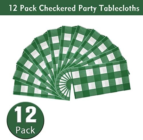 Kesfey 12 Packs Green and White Checkered Tablecloths Party Picnic Disposable Table Covers 54 × 108 Inches Splashproof Plastic Checkered Gingham Tablecover for Outdoor Dinners Party Retro Celebrations - Image 2