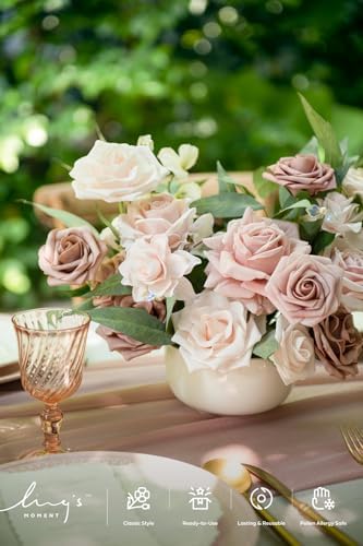 Ling's moment Artificial Pink Flowers Combo, Dusty Rose & Cream, Grand - Image 3