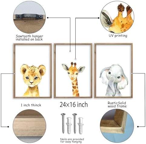 Baby Safari Nursery Wall Art Decor 24x16 Inch Set of 3 Wood Framed - Image 2