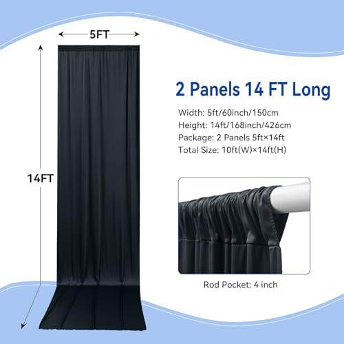 10×14ft Wrinkle Free Black Backdrop Curtain for Parties Wedding,2 Panels 5×14ft Height Soft Silky Polyester Photo Backdrop Drapes for Birthday Graduation Photography Stage Event Background Cloth - Image 2