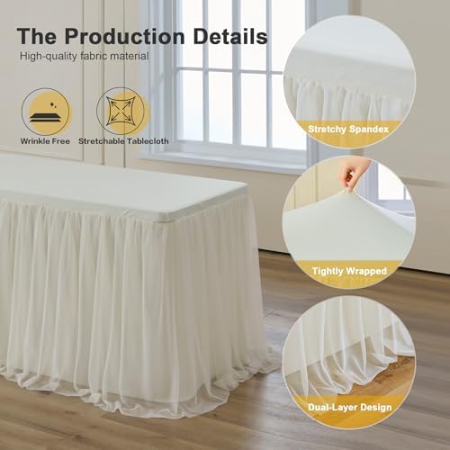 familus 6ft Ivory Spandex Fitted Tablecloth with Tulle Table Skirt - 2-in-1 Structured Tutu Table Cover for Weddings, Trade Shows, Banquets & Professional Events - Image 4