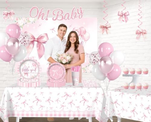 Yingoto 145 Pcs Pink Bow Baby Shower Decorations Tableware Set, Serves 20 - Image 3