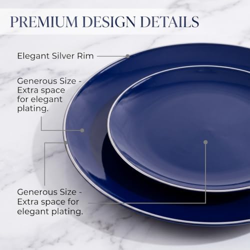 KIRE 175Pcs Blue Plastic Plates with Silver Rim & Disposable Silverware with Blue Handle & Silver-rim Cups & Hand Napkin & Plastic Dinnerware for Parties/Wedding - Image 4