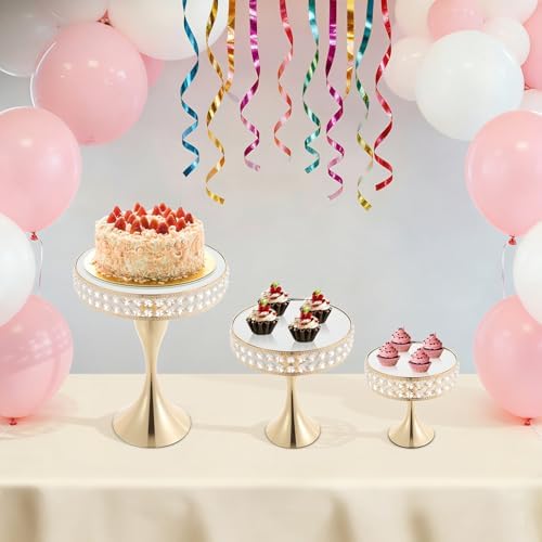 3pcs Round Mirror Cake Stands, Metal Cupcake Display Stand with Crystals, Dessert Pedestal Cupcakes Dessert Cheese Display Plates for Wedding Birthday Party for Baby Shower Home Decor - 15/11/8 Inch Tall (Gold) - Image 2