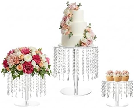 Acrylic Wedding Cake Stand Set - 3 Pcs Clear Round Cupcake Stands Dessert Display with Crystal Bling Pendants, for Wedding Event Birthday Party Baby Shower Tabletop Decorations Centerpieces by Lovecat