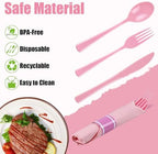 100 Pack Pre Rolled Pink Plastic Cutlery Set with Paper Napkins - Image 4