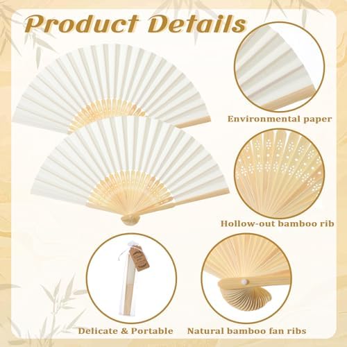 Roowest 50 Pack Paper Folding Fans Bamboo Wedding Favors, Beige - Image 3