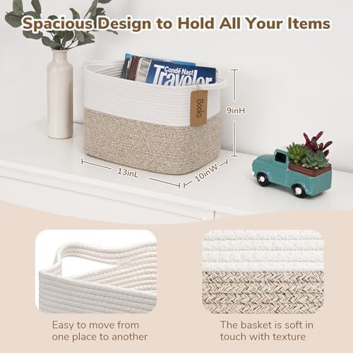 Goodpick Woven Storage Basket, Cotton Rope Basket for Dog Toys, Books, Stylish Gift Basket with Handles, 13 x 10 x 9 Inches Square Baskets for Organizing, Brown and White (Pack of 3) - Image 3