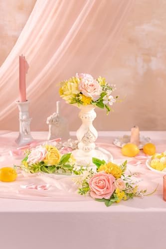 TINGE TIME 3Pcs Pre-made Cake Toppers，Silk Artificial Flowers Decor，Cake Decorations for Weddings, Birthdays, Party,Baby Shower,Celebration (PeachPink&Yellow) - Image 4
