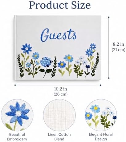 Embroidered Floral Guestbook for Wedding, Bridal Shower & Baby Shower, Linen Guest Sign-In Keepsake with Blank Ivory Pages, Lay-Flat Design & Ribbon Bookmark, 10.25” x 8.25” (Blue Floral) - Image 2