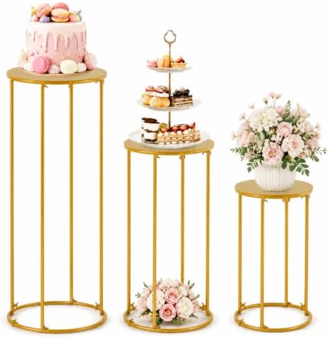 3 Pcs Cylinder Pedestal Stands for Party, Gold Metal Plant Stand by BILPIKOGoo