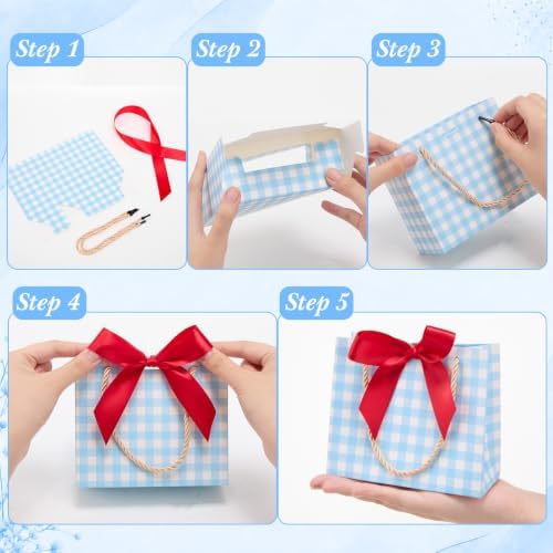 FunooFuno 50 Pack Blue Gingham Gift Bags with Red Bows, Blueberry Party - Image 3