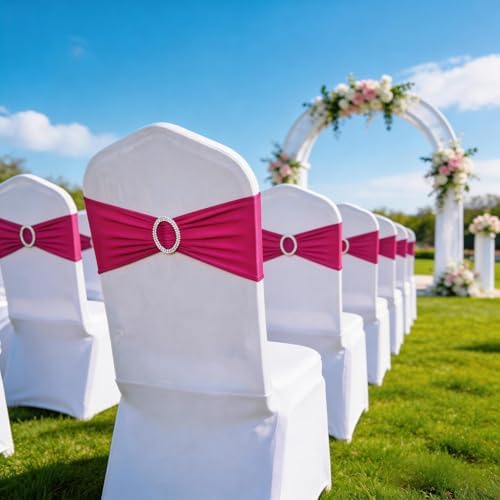 Pack of 50 Spandex Fuchsia Chair Sashes Bows Chair Bands Silver Buckles - Image 5