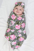4 Pack Maternity Robe and Matching Baby Swaddle Blanket with Hat Headband Set, Stretchy Knitted Delivery Nursing Dress with Pockets and Receiving Blanket for Mummy and Baby (Grey Flower) - Image 6