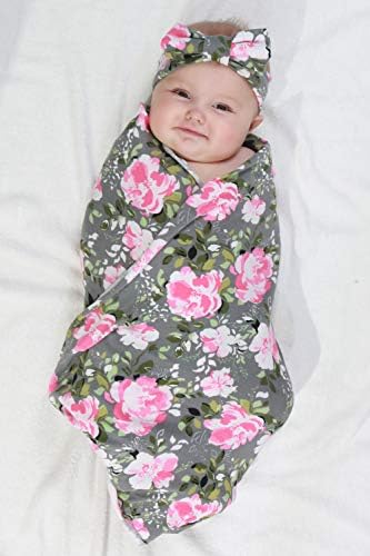 4 Pack Maternity Robe and Matching Baby Swaddle Blanket with Hat Headband Set, Stretchy Knitted Delivery Nursing Dress with Pockets and Receiving Blanket for Mummy and Baby (Grey Flower) - Image 6