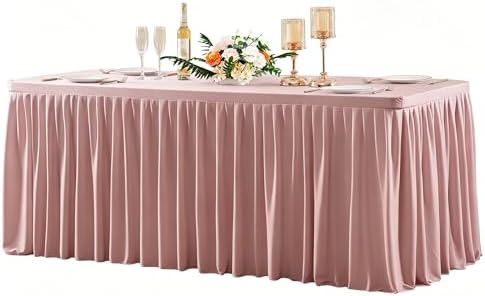 Wish Care Dusty Rose Polyester Table Clothes for 8 Foot Rectangle Tables, Wrinkle Free Fitted Table Cover with Pleated Ruffle Table Skirt for Birthday Party Wedding Trade Show Event Display by WishCare