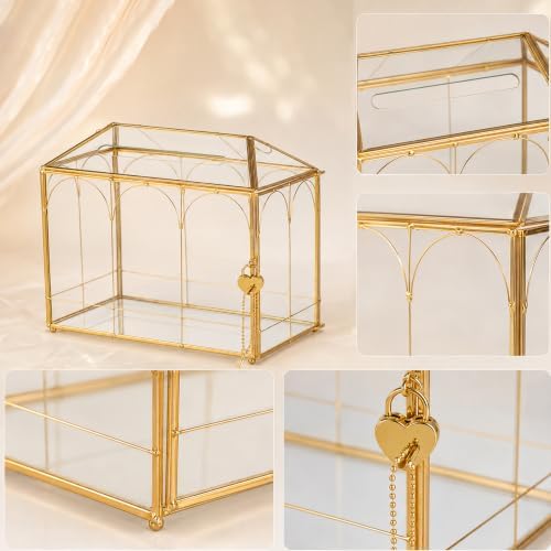 Glass Cards Box with Slot & Lock - 10.2" x 5.9" x 8" Vintage Geometric, Wedding Receptions, Home Reception, Tabletop Decor, Christmas Party, Gold - Slot Length 6.1 Inches - Image 6