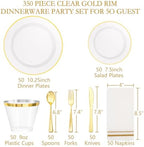 SUT 350Pcs Plastic Dinnerware Set for 50 Guests, Clear and Gold Plastic Plates, Disposable Plates and Napkins Party Supplies, Gold Silverware, Plates, Cups and Napkins Sets for Party Weddings - Image 4