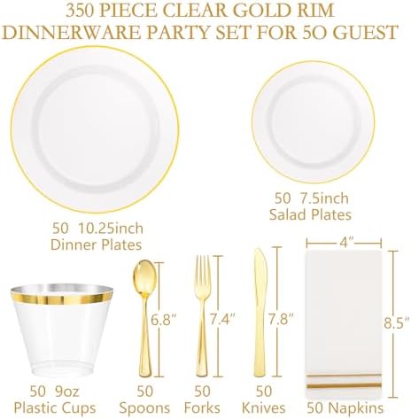 SUT 350Pcs Plastic Dinnerware Set for 50 Guests, Clear and Gold Plastic Plates, Disposable Plates and Napkins Party Supplies, Gold Silverware, Plates, Cups and Napkins Sets for Party Weddings - Image 4