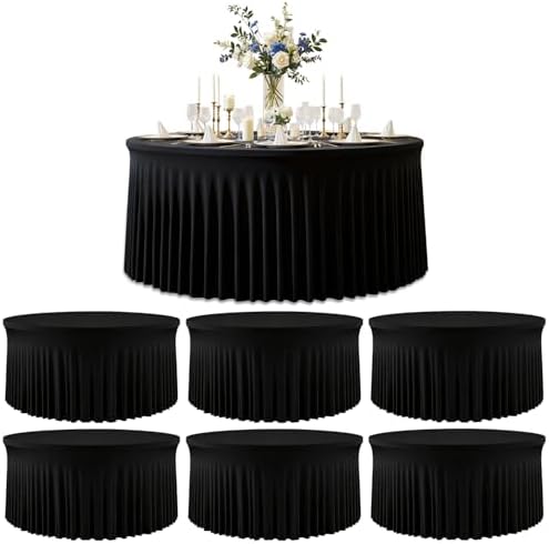 6 Pack Black Round Spandex Tablecloths, 6FT/72In Fitted Stretchy Table Cloth with Skirt, Washable Tablecloth, Circle Wrinkle Free Table Cover for Wedding Party Dining Banquet Events by Torrowsrort