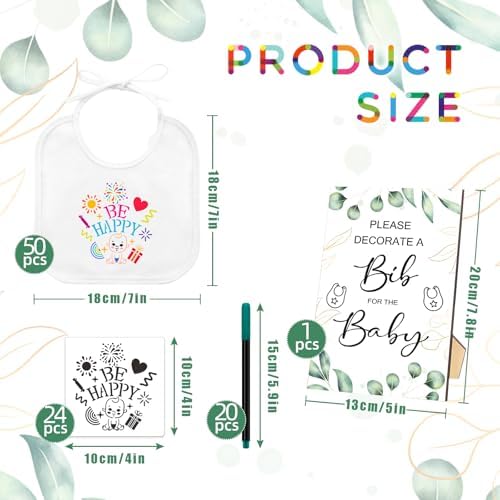 SytuHe 95 Pcs DIY Baby Bibs Decorating Kit50 White Bibs 24 Stencils 20 Fabric Markers 1 Baby Shower Game Sign - Image 2