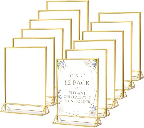 MaxGear 12 Pack Gold Acrylic Sign Holder 5x7, Double-Sided Tabletop Stand by MaxGear