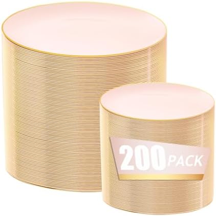 bUCLA 200PCS Pink Plastic Plates - Heavy Duty Pink Disposable with Gold Rim - Include 100 Each (10 inch Dinner & 7 inch Dessert) Plates, Ideal for Party & Wedding by BUCLA