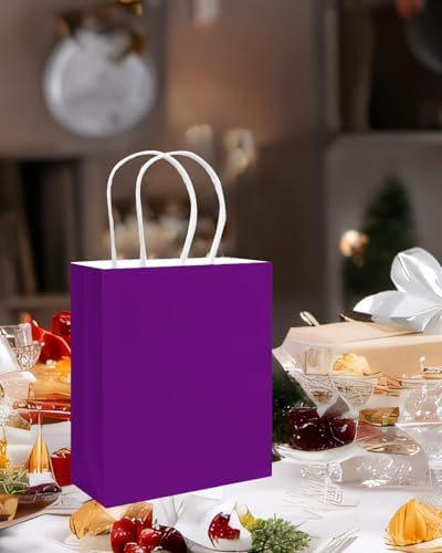 qiqee 100Pcs Paper Gift Bag with Handles Lotus Purple Party Favor Bags Multiple Uses (8.3"x3"x6", Small Size) - Image 7